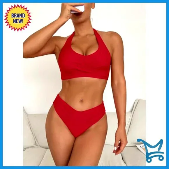 High Waisted Halter Bikini Set Twist Front Two Piece Swimsuit Summer Beach